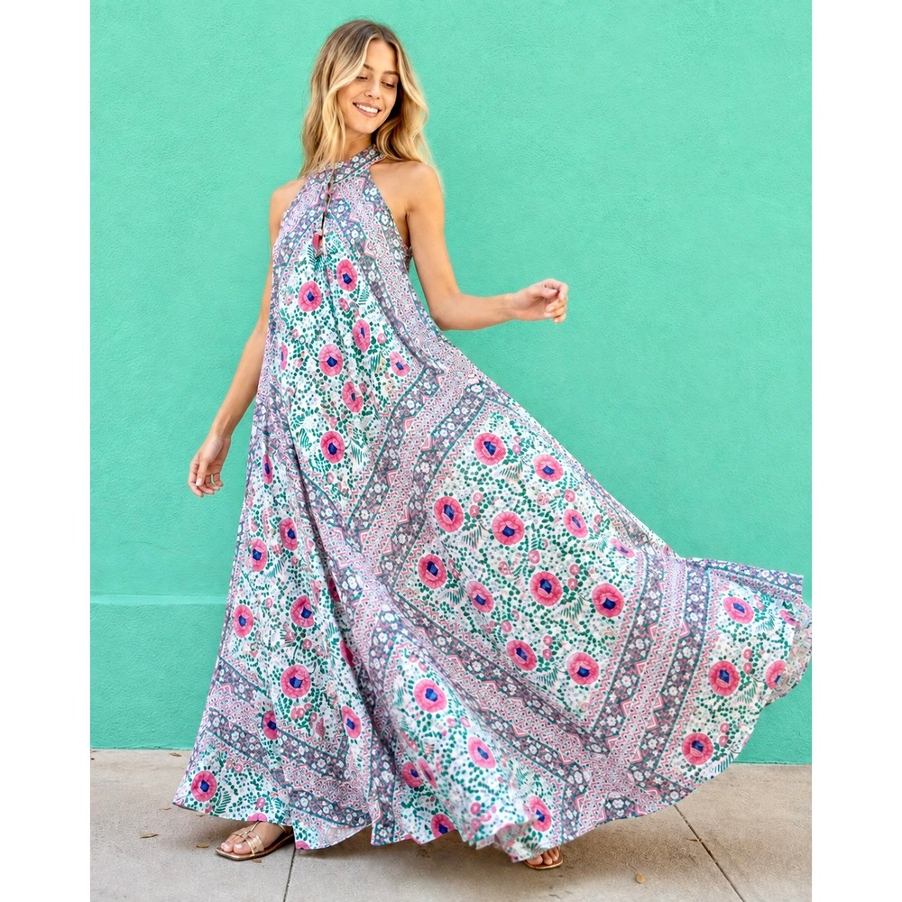 Artisan Indian Floral Hand Blocked S/M Gauze Halter Maxi Dress Boho 70s Inspired